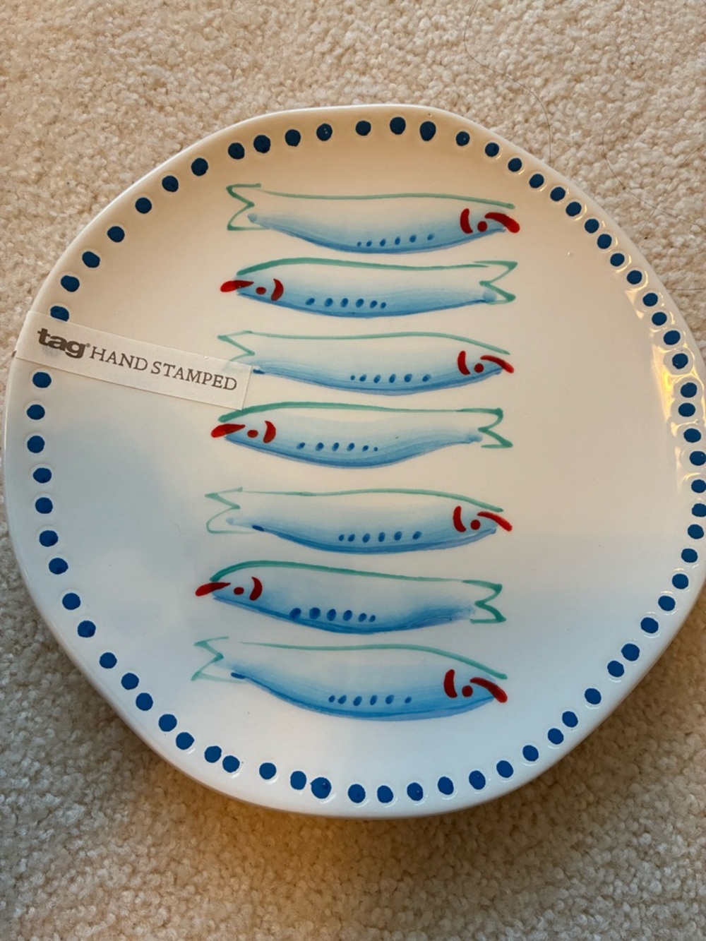 Tag Hand-Stamped Ceramic Fish Plate in Blue, Green & Red